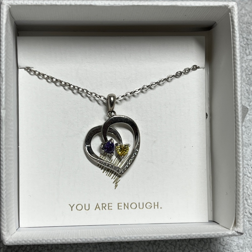 Sterling Silver 925 Heart Necklace with Purple Yellow Accents “Grace & Will”